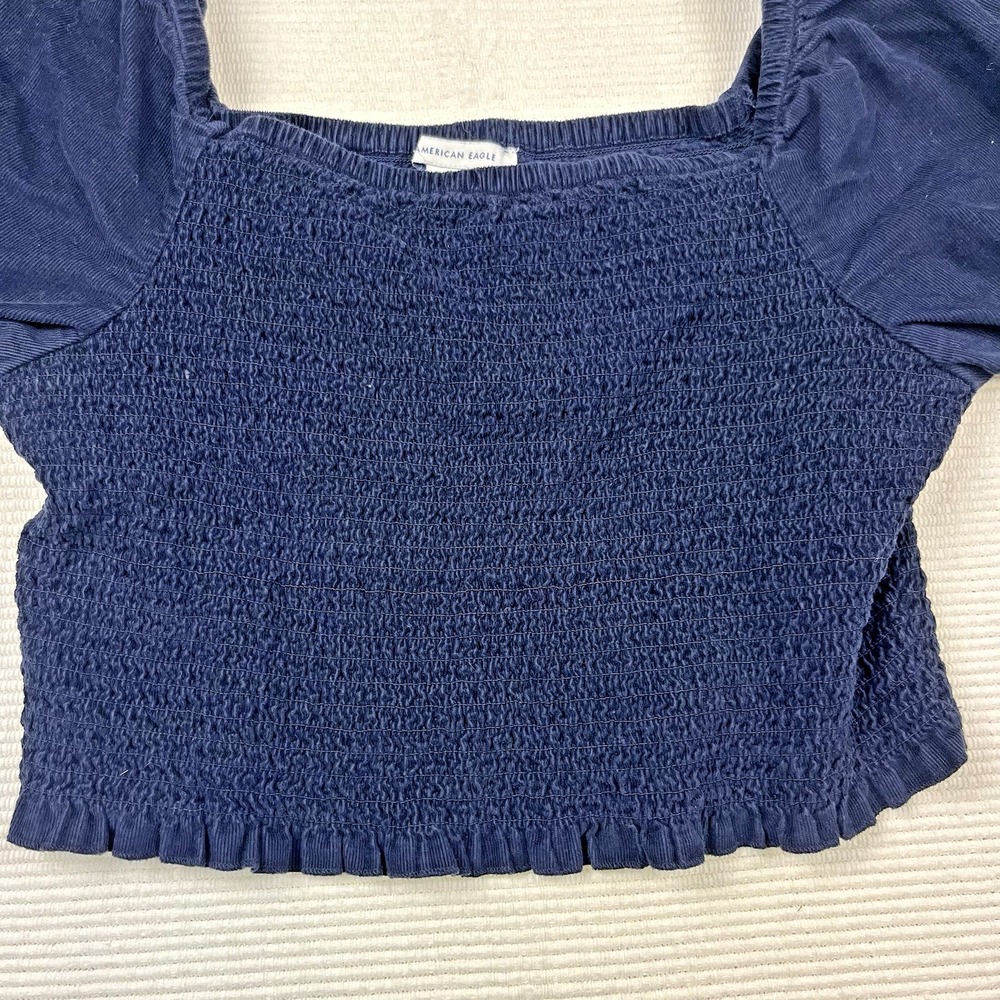 American Eagle Navy ‎ Corduroy Puff Sleeve Smocked Top SZ Med Cottagecore Preppy - Picture 8 of 10